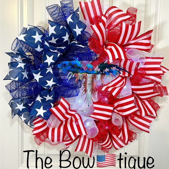 Handmade 4th of July Bald Eagle Patriotic Prelit Ribbon Wreath 22 in LED W3 - Picture 1 of 10